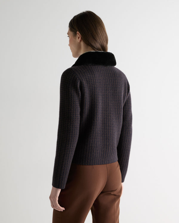 N.Peal Women's Dogtooth Fur Trim Cashmere Jacket Navy Blue