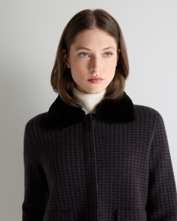 N.Peal Women's Dogtooth Fur Trim Cashmere Jacket Navy Blue