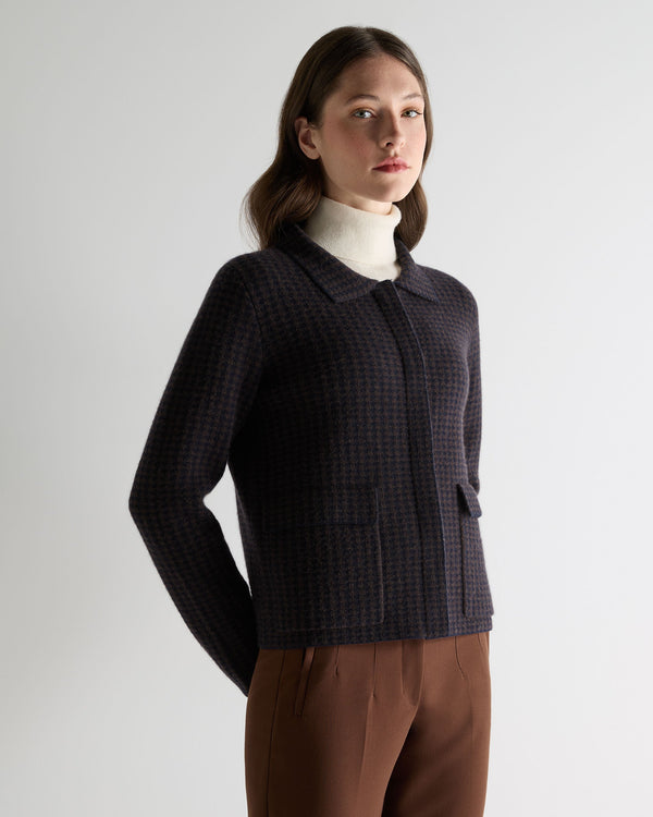 N.Peal Women's Dogtooth Fur Trim Cashmere Jacket Navy Blue