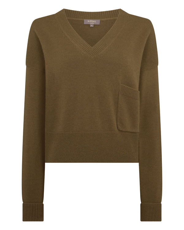 N.Peal Women's Cropped V Neck Cashmere Jumper Cinnamon Brown