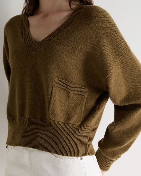 N.Peal Women's Cropped V Neck Cashmere Jumper Cinnamon Brown