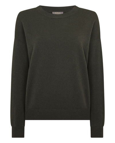 N.Peal Women's Oversized Round Neck Cashmere Jumper Arabica Khaki Green