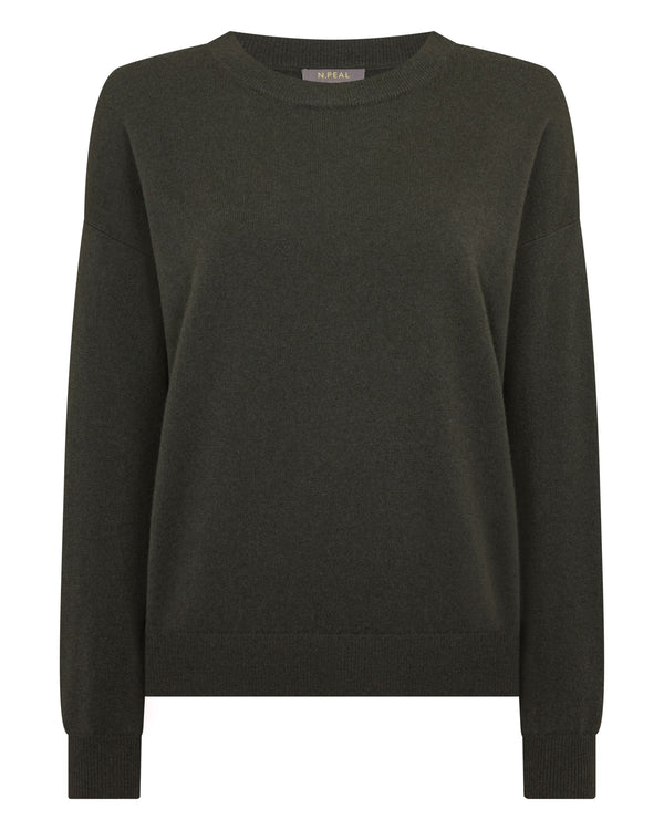 N.Peal Women's Oversized Round Neck Cashmere Jumper Arabica Khaki Green