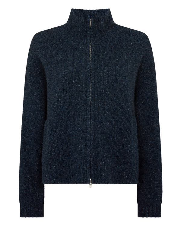 N.Peal Women's Marl Zip Through Cashmere Jacket Atlantic Blue Melange