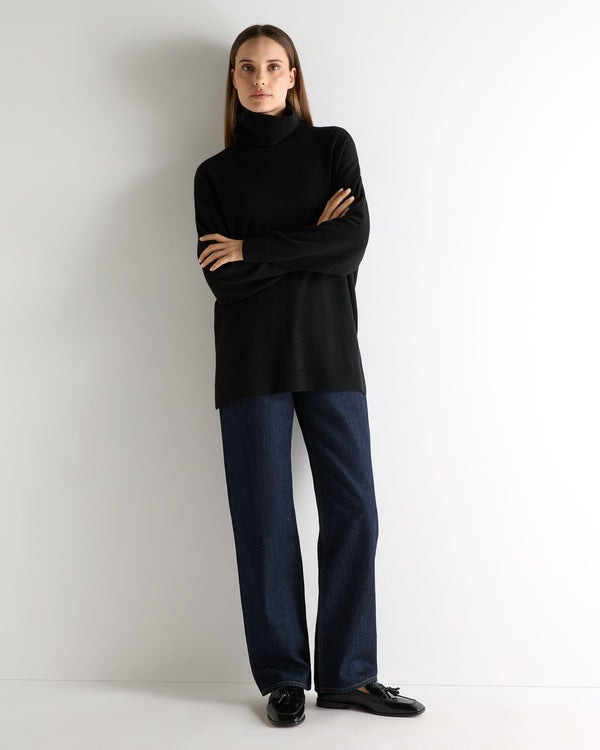 N.Peal Women's Longline Roll Neck Cashmere Jumper Black