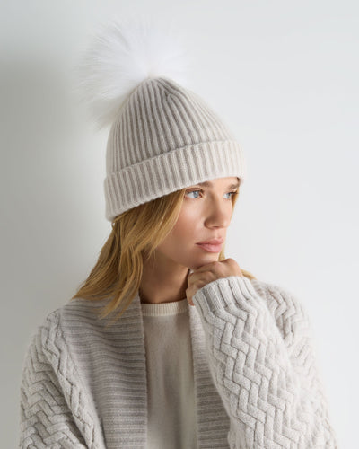 N.Peal Women's Ribbed Cashmere Hat With Detachable Pom Frost White Sparkle