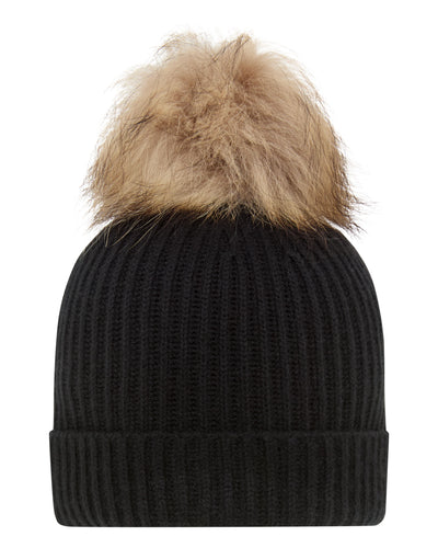 Unisex Ribbed Cashmere Hat With Detachable Pom Black