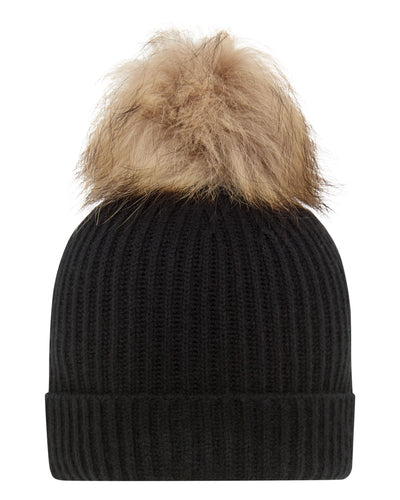 N.Peal Unisex Ribbed Cashmere Hat With Detachable Pom Black