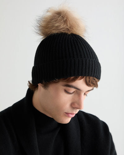 N.Peal Unisex Ribbed Cashmere Hat With Detachable Pom Black