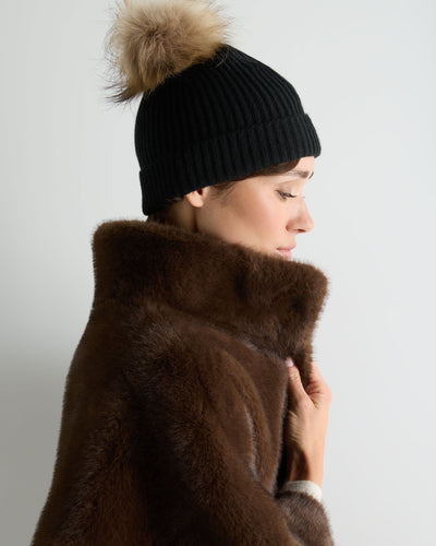 N.Peal Unisex Ribbed Cashmere Hat With Detachable Pom Black
