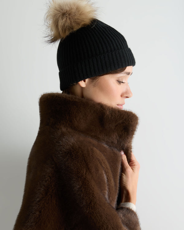 Unisex Ribbed Cashmere Hat With Detachable Pom 2