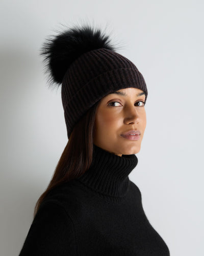 N.Peal Unisex Ribbed Cashmere Hat With Detachable Pom Cocoa Brown