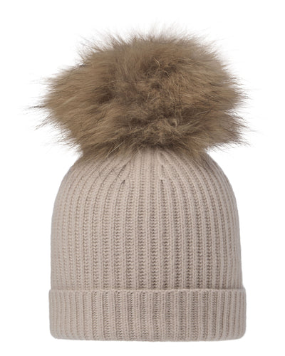 N.Peal Unisex Ribbed Cashmere Hat With Detachable Pom Cashew Brown