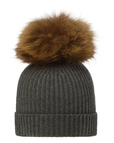 N.Peal Unisex Ribbed Cashmere Hat With Detachable Pom Grey Moss