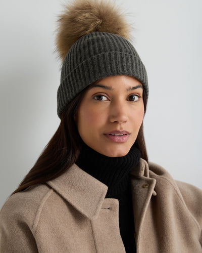 N.Peal Unisex Ribbed Cashmere Hat With Detachable Pom Grey Moss