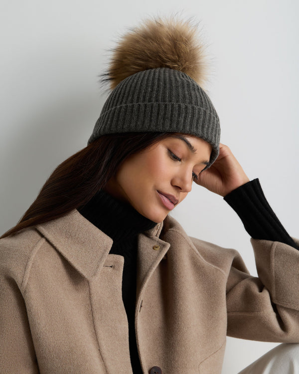 Unisex Ribbed Cashmere Hat With Detachable Pom  3