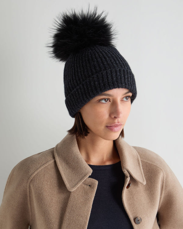 Unisex Ribbed Cashmere Hat With Detachable Pom 2