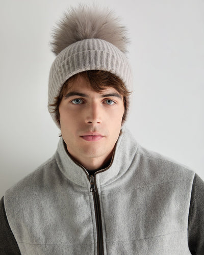 N.Peal Unisex Ribbed Cashmere Hat With Detachable Pom Oat Grey