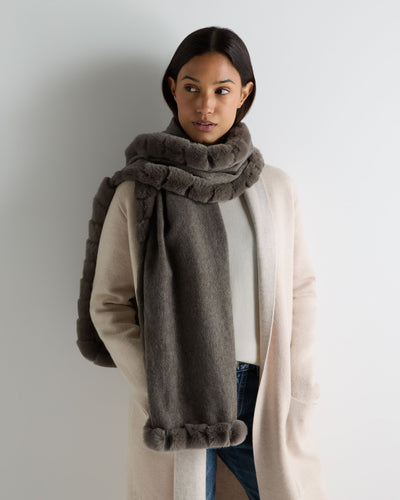 N.Peal Women's Meribel Woven Fur Trim Scarf Wood Smoke Brown