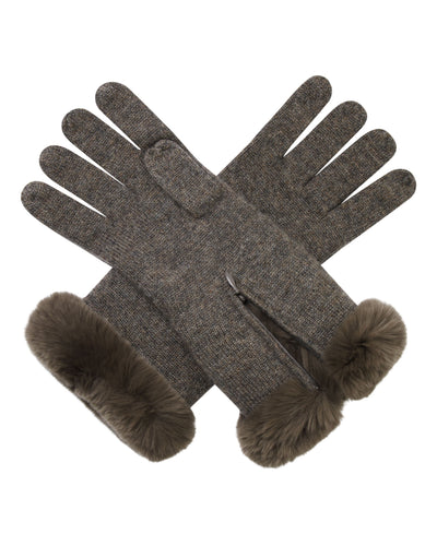 N.Peal Women's Fur Trim Cashmere Gloves Wood Smoke Brown