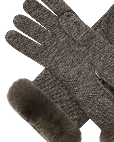 N.Peal Women's Fur Trim Cashmere Gloves Wood Smoke Brown