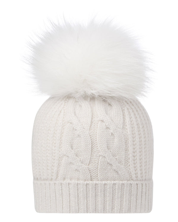 Women's Cable Cashmere Hat With Lurex And Fur Pom 1