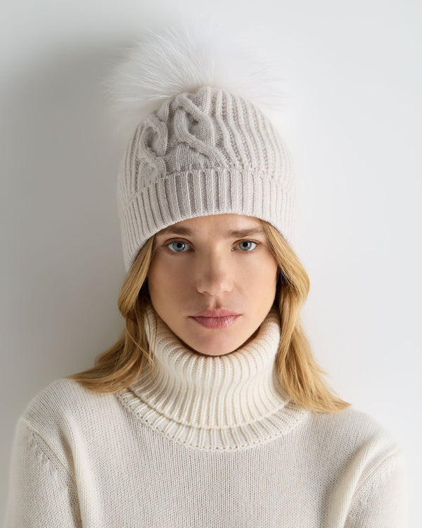 Women's Cable Cashmere Hat With Lurex And Fur Pom 2