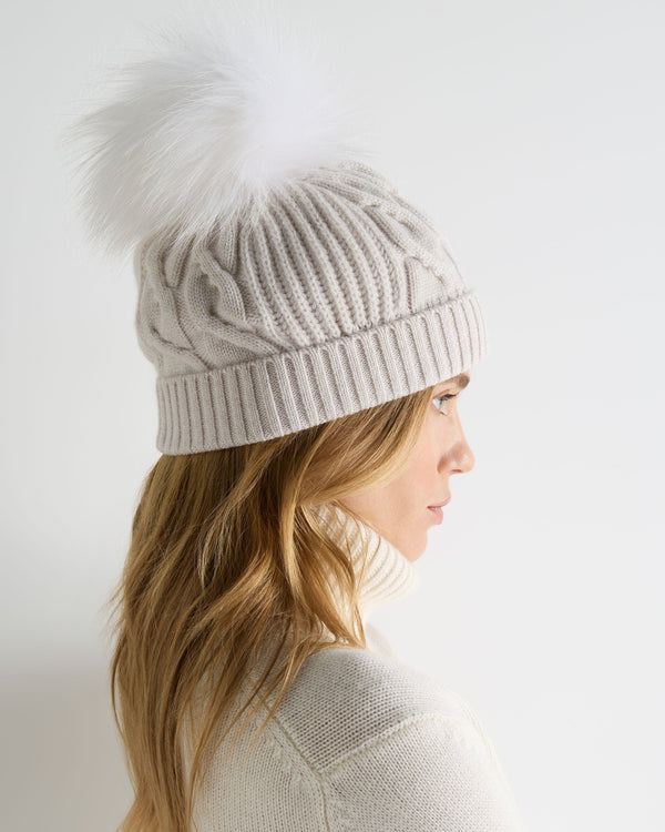 Women's Cable Cashmere Hat With Lurex And Fur Pom 3
