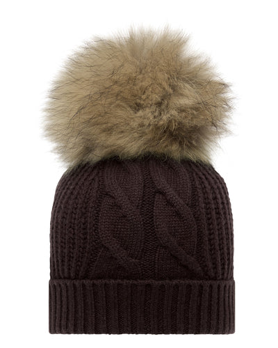 N.Peal Women's Cable Cashmere Hat With Fur Pom Redwood