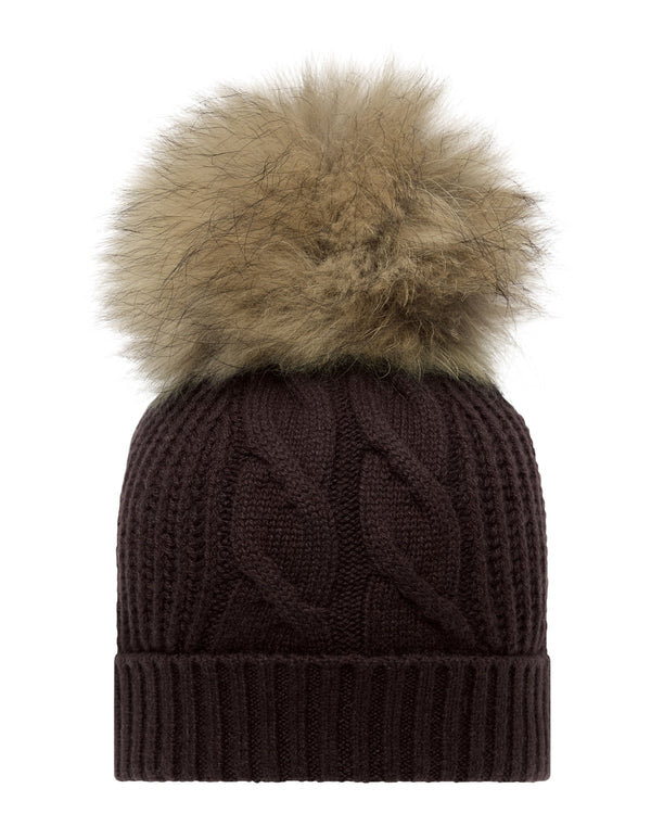 Women's Cable Cashmere Hat With Fur Pom 1