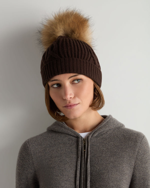 Women's Cable Cashmere Hat With Fur Pom 2
