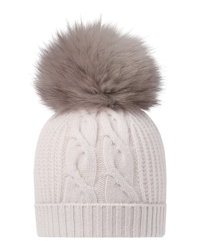 N.Peal Women's Cable Cashmere Hat With Fur Pom Snow Grey