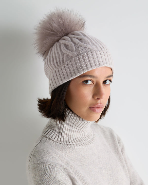 Women's Cable Cashmere Hat With Fur Pom 2