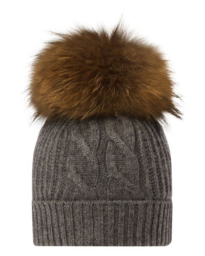 N.Peal Women's Cable Cashmere Hat With Fur Pom Wood Smoke Brown