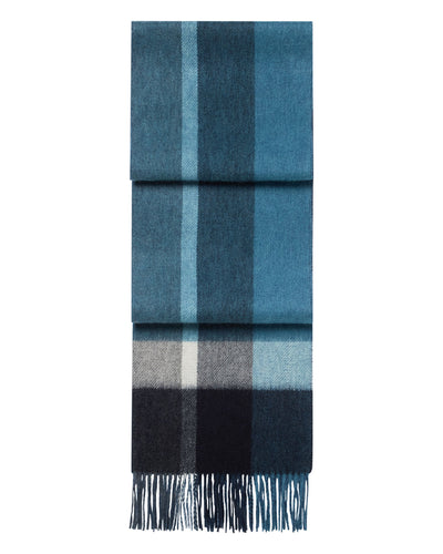 N.Peal Unisex Cashmere Check Scarf Navy Blue + Petrol Blue