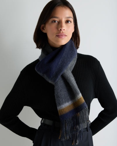 N.Peal Unisex Cashmere Check Scarf Navy Blue + Mustard Yellow