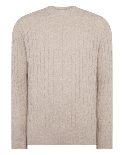 N.Peal Men's Thames Cable Round Neck Cashmere Jumper Toasted Sesame Brown