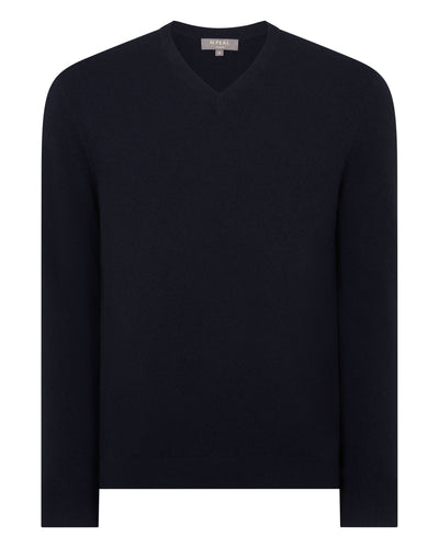 N.Peal Men's Burlington V Neck Cashmere Jumper Navy Blue