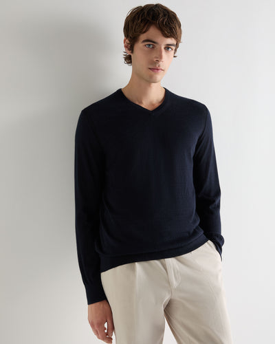 Men's Conduit Fine Gauge Cashmere V Neck Sweater Navy Blue