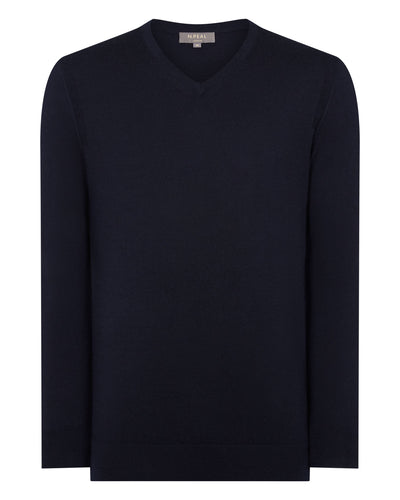 N.Peal Men's Conduit Fine Gauge Cashmere V Neck Jumper Navy Blue