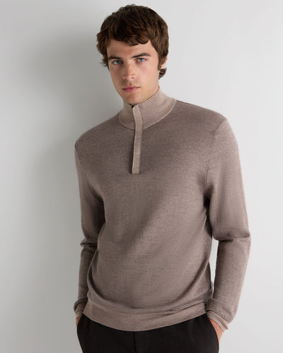 N.Peal Men's Regent Jacquard Fine Gauge Cashmere Half Zip Jumper Taupe Brown