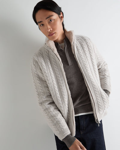 N.Peal Men's Aspen Cashmere Cable Fur Cardigan Pebble Grey