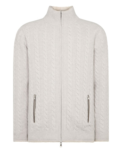 N.Peal Men's Aspen Cashmere Cable Fur Cardigan Pebble Grey
