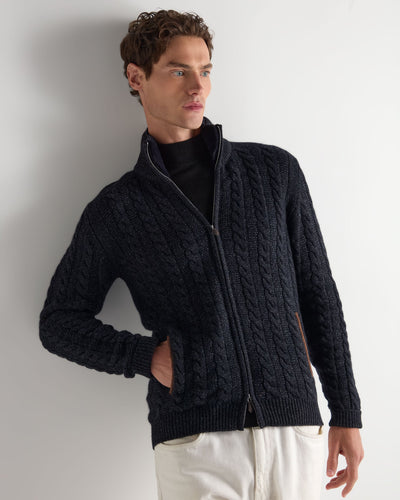 N.Peal Men's Richmond Cable Cashmere Cardigan With Fur Trim Ink Blue Melange
