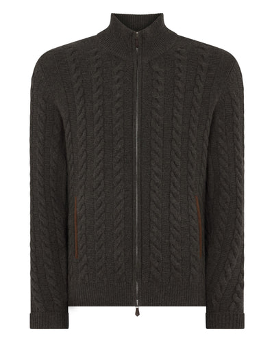 N.Peal Men's Richmond Cable Cashmere Cardigan Grey Moss