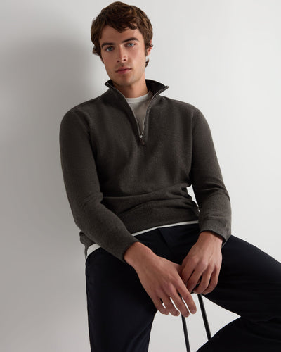 N.Peal Men's Carnaby Half Zip Cashmere Jumper Grey Moss