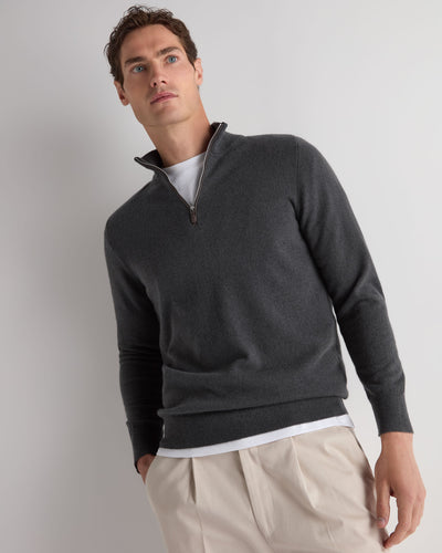 N.Peal Men's Carnaby Half Zip Cashmere Jumper Umber Grey