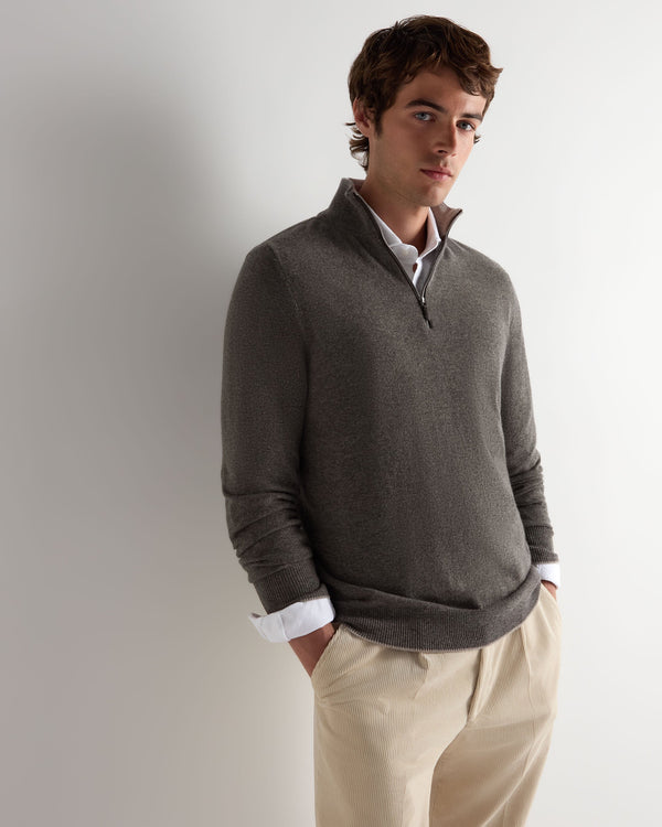 N.Peal Men's Carnaby Half Zip Cashmere Jumper Wood Smoke Brown