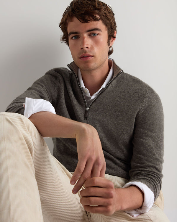 N.Peal Men's Carnaby Half Zip Cashmere Jumper Wood Smoke Brown