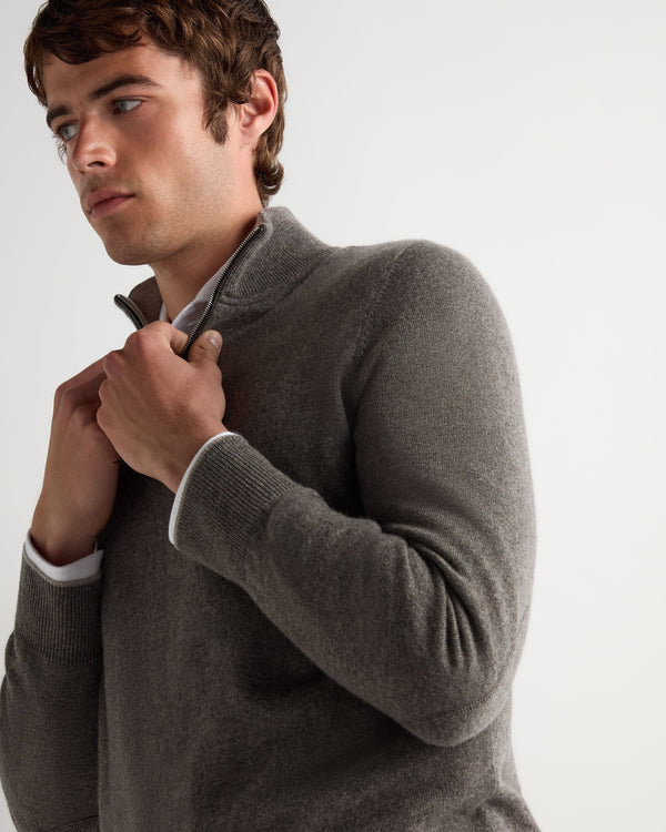 N.Peal Men's Carnaby Half Zip Cashmere Jumper Wood Smoke Brown